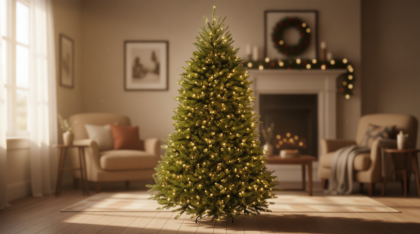 National Tree Company 7.5 ft Pre-Lit Dunhill Fir Artificial Christmas Tree, 600 Warm White LED Lights, 2,189 Tips, Includes Stand, Green