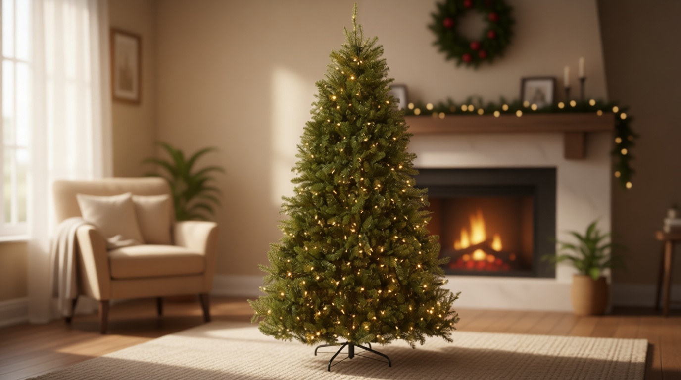 National Tree Company 7.5 ft Pre-Lit Dunhill Fir Artificial Christmas Tree, 700 LED Lights, 2,514 Tips, Foot Pedal, 10 Light Functions, Includes Stand, Green