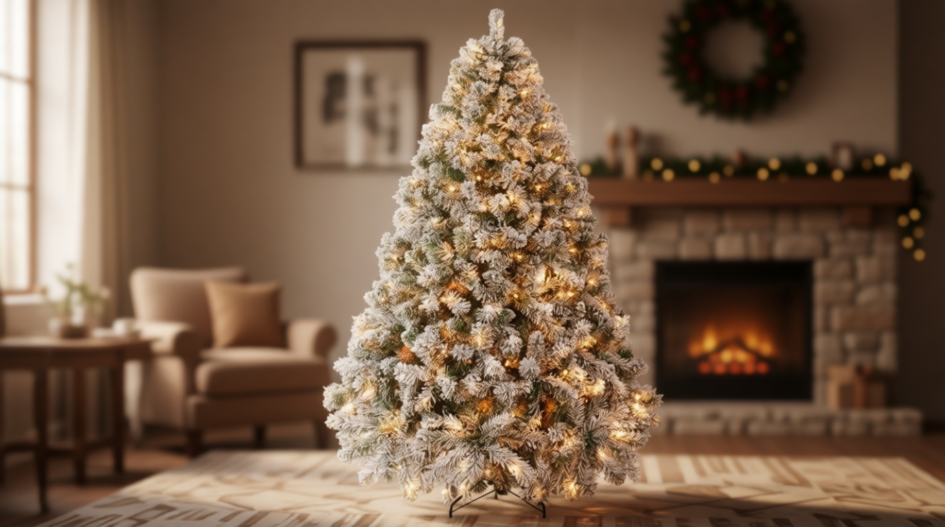 Yaheetech 6ft Snow Flocked Pre-lit Christmas Tree with 250 Warm White Lights, 820 Lush Branch Tips & Quick-Assembly Hinged Design, Full Artificial Xmas Tree for Winter Holiday Décor, Green & White