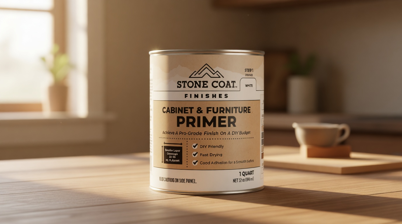 Stone Coat Cabinet and Furniture Primer, 1 Quart, Bright White Acrylic Primer for Cabinets, Trim, Doors, and Furniture, Water-Based, Quick Drying, High-Hiding, Low Odor, Strong Adhesion, Blocks Tannin
