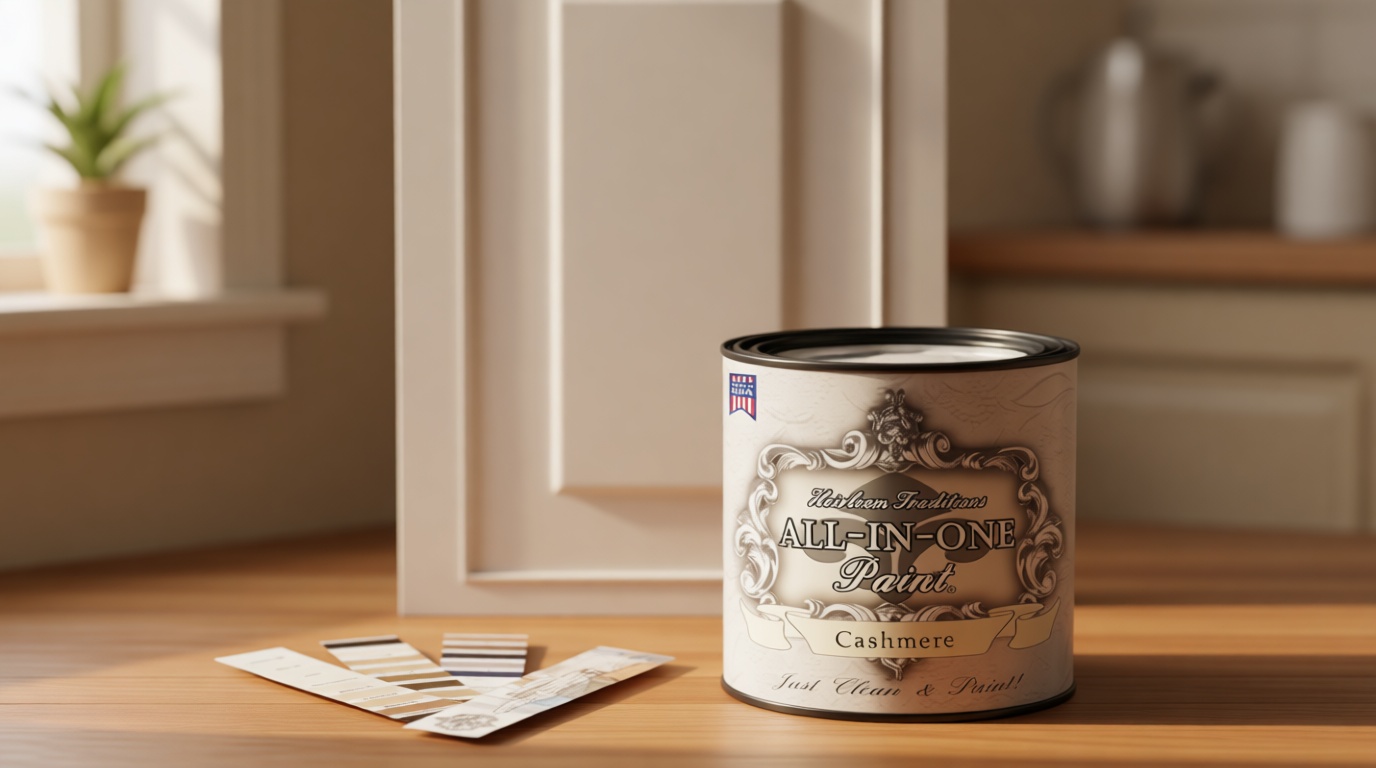 ALL-IN-ONE Paint by Heirloom Traditions, Cashmere (True White), Quart - Durable cabinet and furniture paint. Built in primer and top coat, no sanding needed. Includes our 30 featured color card.