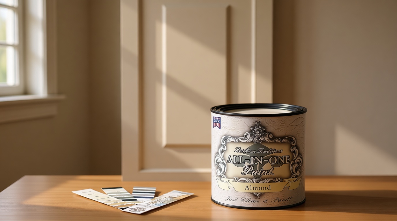 ALL-IN-ONE Paint by Heirloom Traditions, Almond (Neutral White), Quart - Durable cabinet and furniture paint. Built in primer and top coat, no sanding needed. Includes our 30 featured color card.