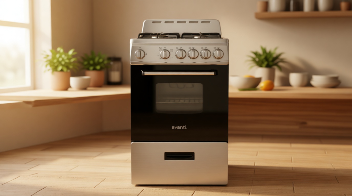 Avanti Gas Range Oven, Compact Freestanding Design, 4 Sealed Burners with Electronic Ignition, 2.1 Cu.Ft. Capacity Features Storage Drawer Broiler and Accessories, 20-Inch, Black