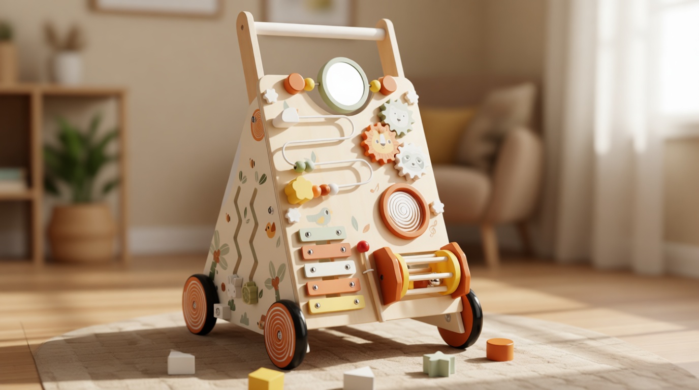 Pithfor Wooden Baby Walker, Baby Push Walker with Activity Center for Girls Boys, Montessori Push Walker Toys for Babies Learning to Walk, Sit-to-Stand, for 10-12 Months 1 2 3 Years Old