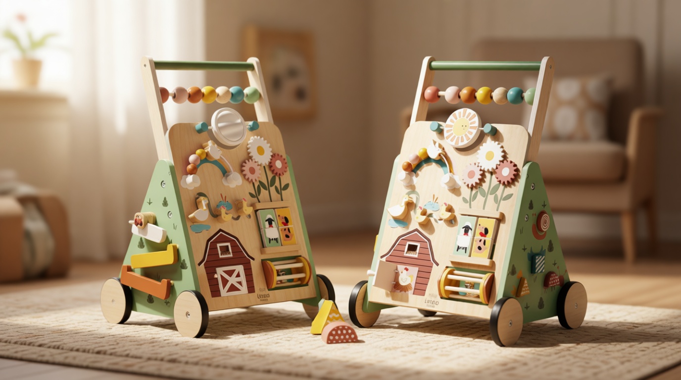 Lehoo Castle Wooden Baby Walker, Adjustable Speed Montessori Walker with Activity Center for Boys Girls, Baby Push Walker Toys for 1 Year Old Learning to Walk