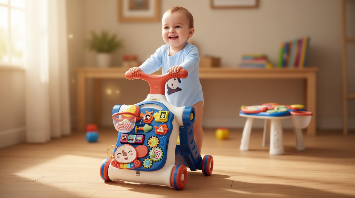 HYES 5 in 1 Baby Push Walker for Baby Boy, Activity Center Learning to Walk, Sit to Stand, Early Learning Push Toys for Infant 12 Months, Walking Toys Gift for Toddler Boys, Blue Global Recycled Standard