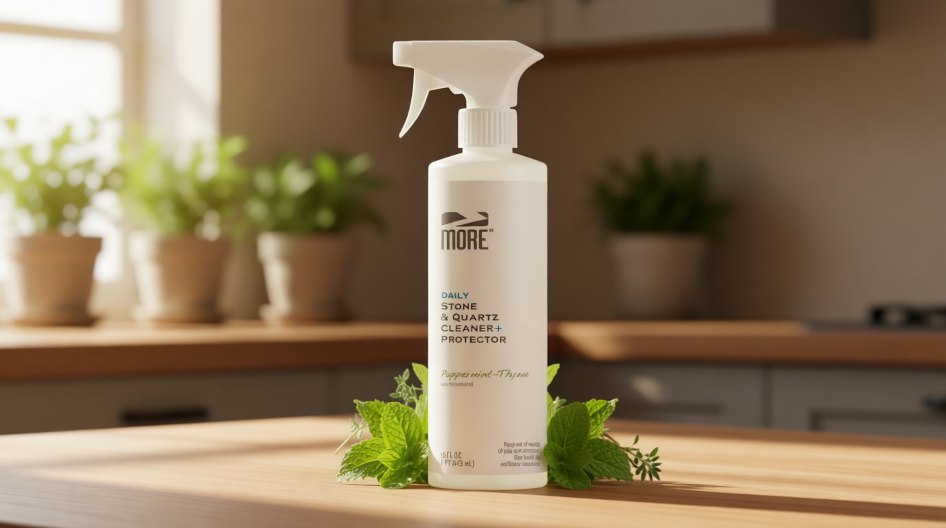 MORE Stone & Quartz Cleaner + Protector - Water-Based Surface Spray - Granite, Quartz & Marble Cleaner - For Kitchen & Bathroom Countertops & Floors - Peppermint-Thyme Essential Oil - Pint (16oz)