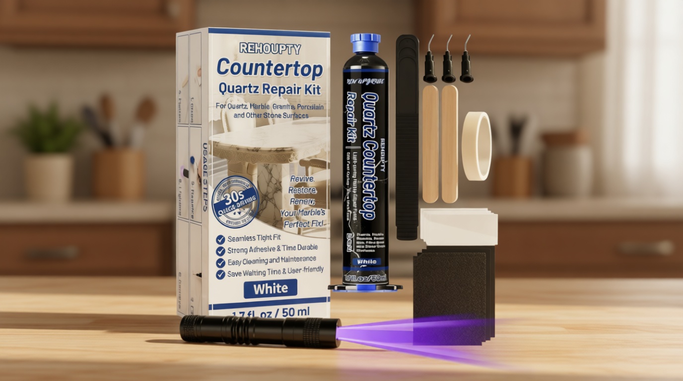 Quartz Countertop Repair Kit 1.7fl.oz / 50ml - 30s Fast Curing DIY Fix Quartz Chip Repair Kit for Cracks Holes & Scratches on Granite Marble Acrylic Fiberglass Porcelain & Corian Surfaces (White)
