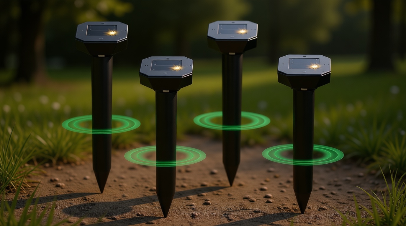 Snake & Mole & Rabbit & Skunk Repellent Solar Powered, Upgraded Ultrasonic Deterrent, IP65 Waterproof, Gopher Groundhog Chipmunk Raccoon and Vole Repellent & Deterrent for Lawn & Garden, 4 Pack