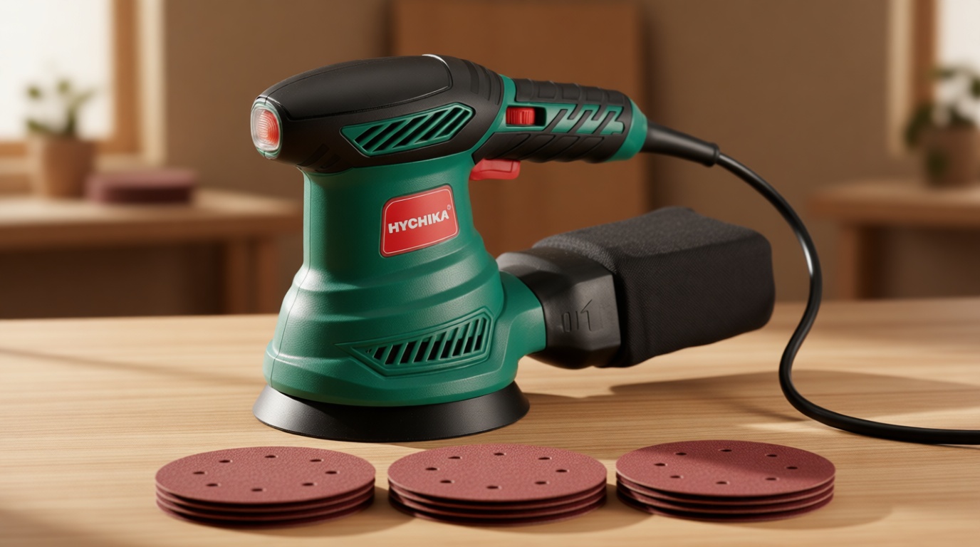 HYCHIKA 5-Inch Random Orbital Sander, 13000RPM Electric Palm Sander with 6 Variable Speeds, Powerful Motor, 12PCS Sandpapers and Efficient Dust Collection Bag, for Woodworking, Finishing and Polishing
