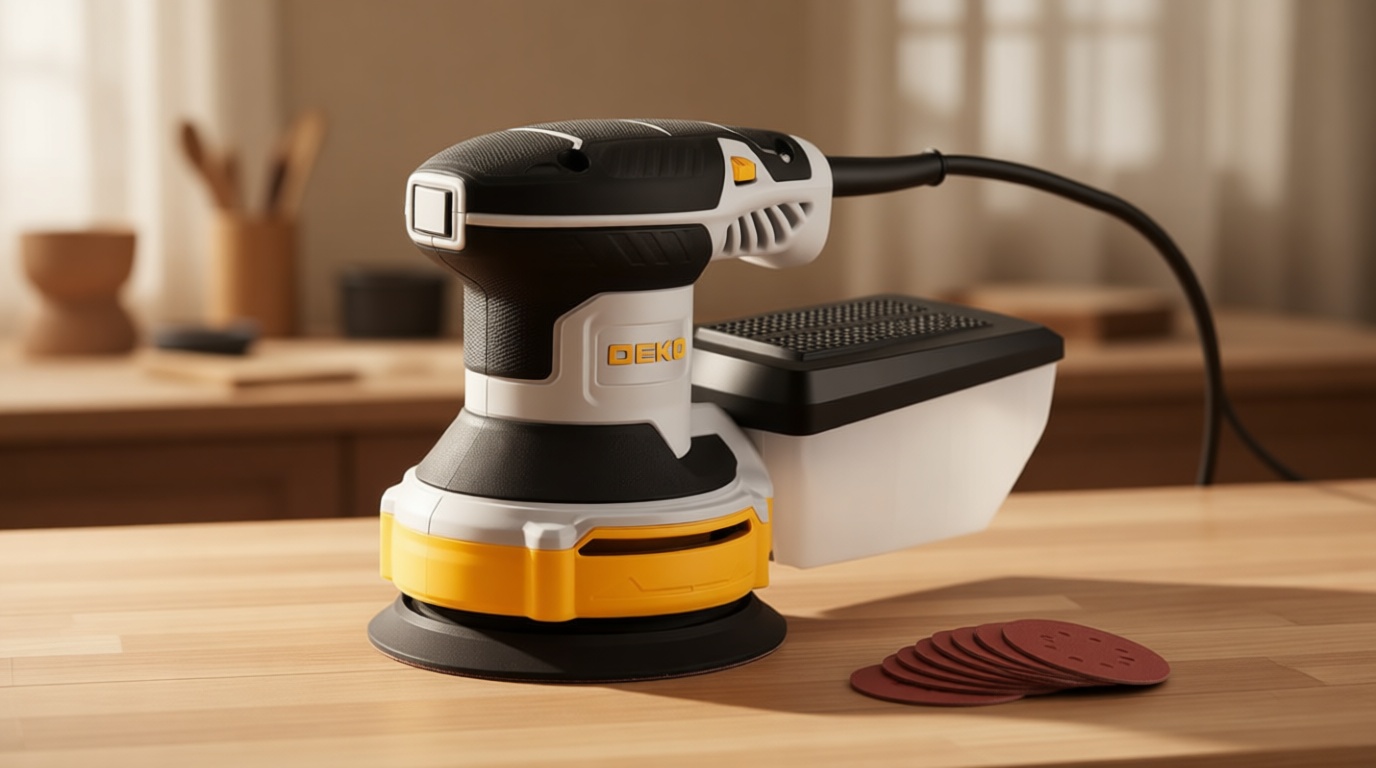 Orbital Sander Corded Hand Sander: DEKOPRO 5" Random Orbital Sander with Dust Box, 6 Various Speeds Electric Palm Sander with Dust Box, 16Pcs Sandpapers for Woodworking & Sanding-Yellow