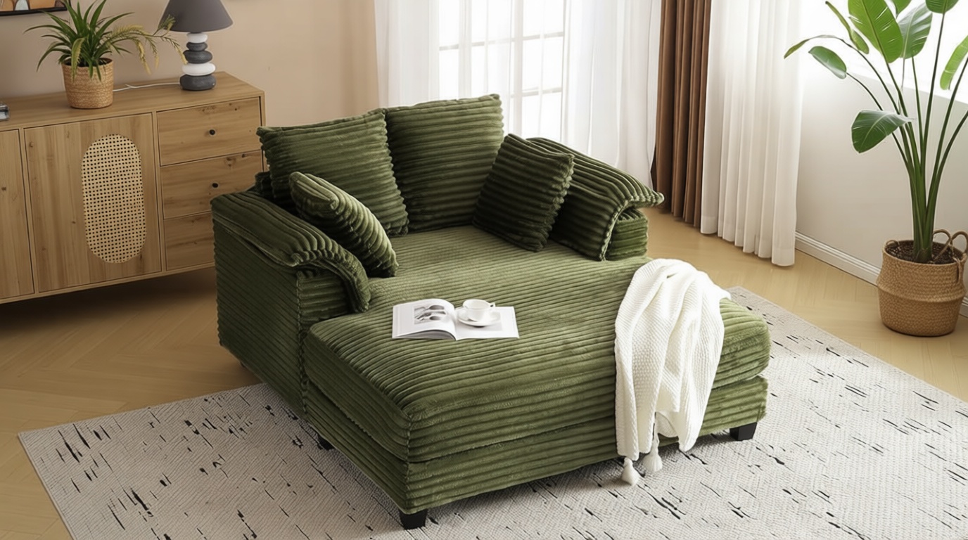 VINGLI Lounge Chair, 56" Oversized Reading Chair Corduroy Chaise Sofa Recliner Bed Upholstered Comfy Sleeper Couch with Throw Pillows and Armrests for Living Room, Movie Room, Bedroom