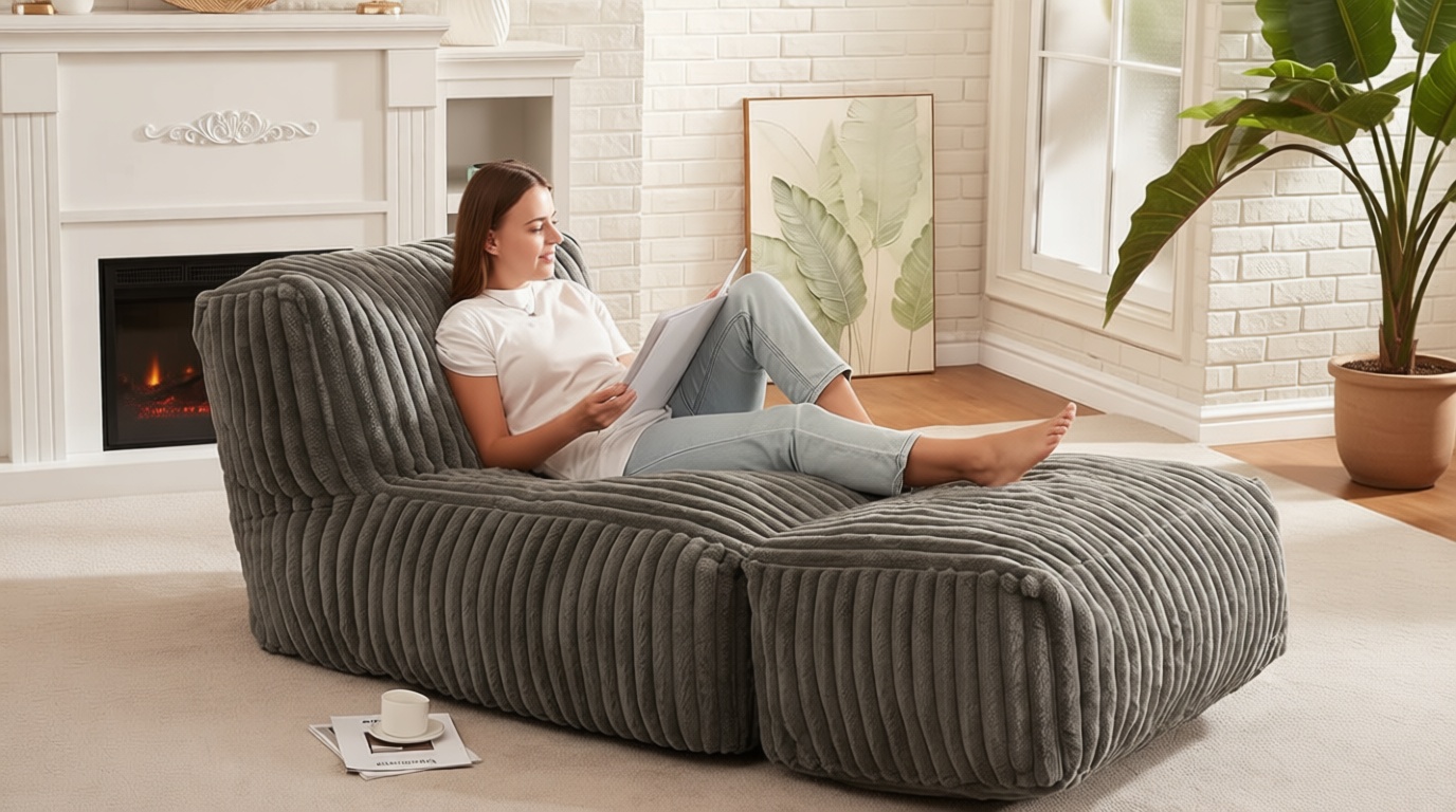 Hobestluk Big Bean Bag Lounger Chairs Large Beanbag Chair for Adults Bean Bag Sofa with Memory Foam Filled for Living Room, Bedroom or Balcony (Stripe Grey) OEKO-TEX STANDARD 100