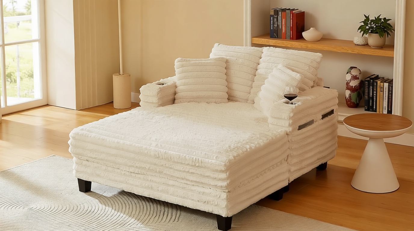 Amsleekey 64" Chaise Lounge Chair Indoor, Oversized Sleeper Chair with Wood Frame, Upholstered Sofa Bed for Living Room, Movie Room, Bedroom with 4 Storage Pockets&2 Cup Holders(Plush Corduroy, Beige)