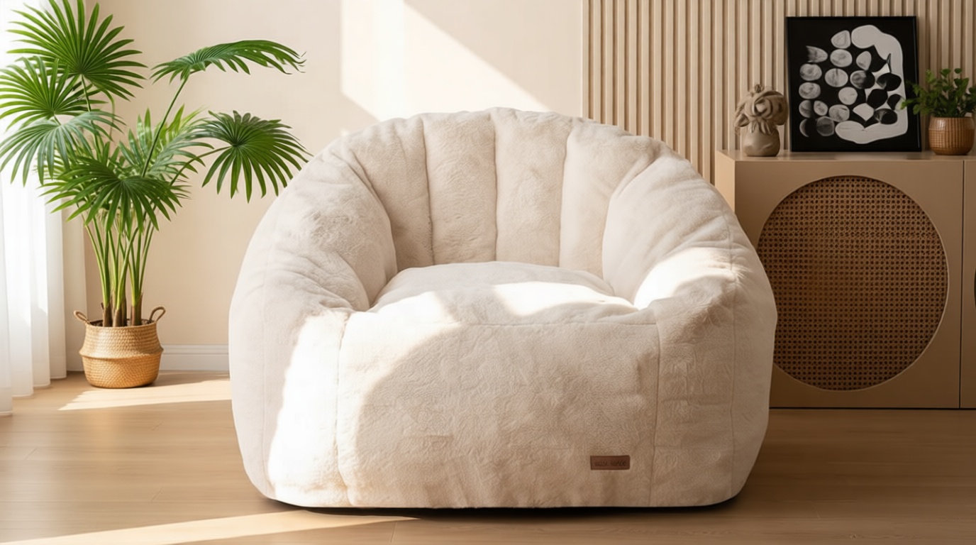 MAXYOYO Giant Bean Bag Chair, Oversized Bean Bag Couch for Adults and Kids, Faux Fur Shell-Shaped Large Chair with Filler, Stuffed Big Accent Sofa Lounge Floor Sofa for Reading, Beige, Standard OEKO-TEX STANDARD 100