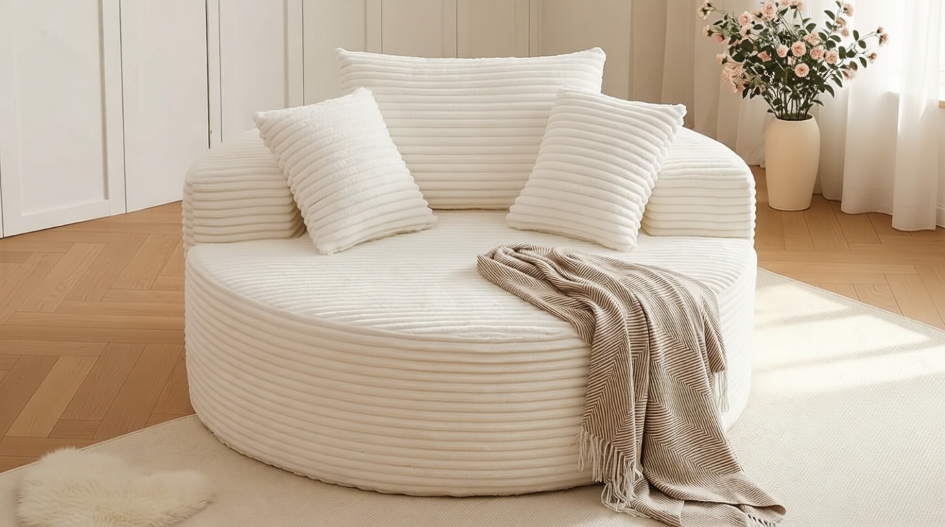 Oversized Round Chair Lounge Chaise Indoor, Upholstered Corduroy Deep Seat Cloud Large Circle Sofa Chair, No Assembly Required, Fluffy Modern Sleeper Sofa Bed for Reading, Living Room, Bedroom, White
