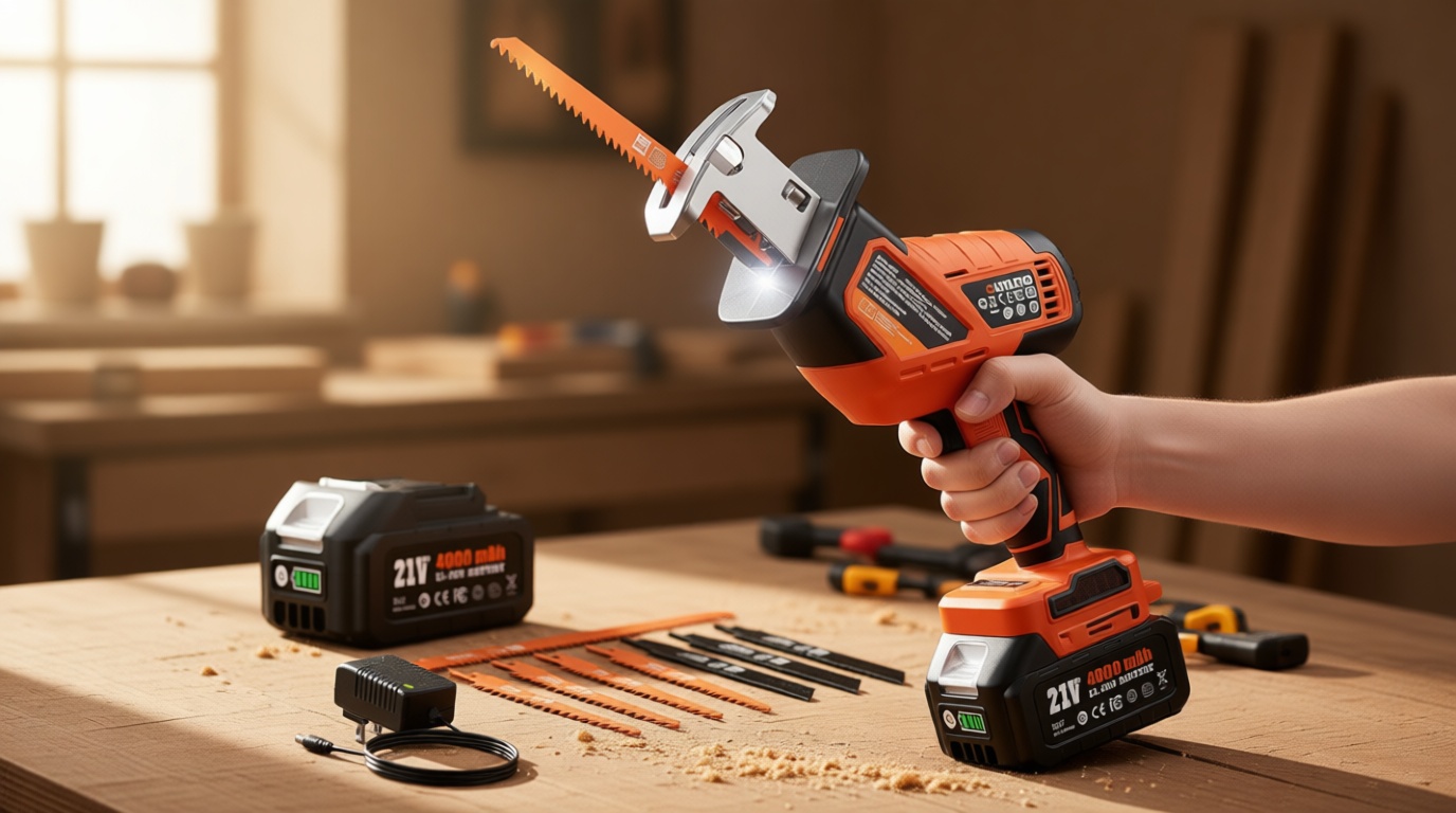 Cordless Reciprocating Saw With 8 Blades – 2×4000mAh Batteries, Brushless Motor, Variable Speed 0‑3200 SPM, Tool‑Free Blade Change, Power Reciprocating Saw for PVC Wood, Metal Cutting DIY