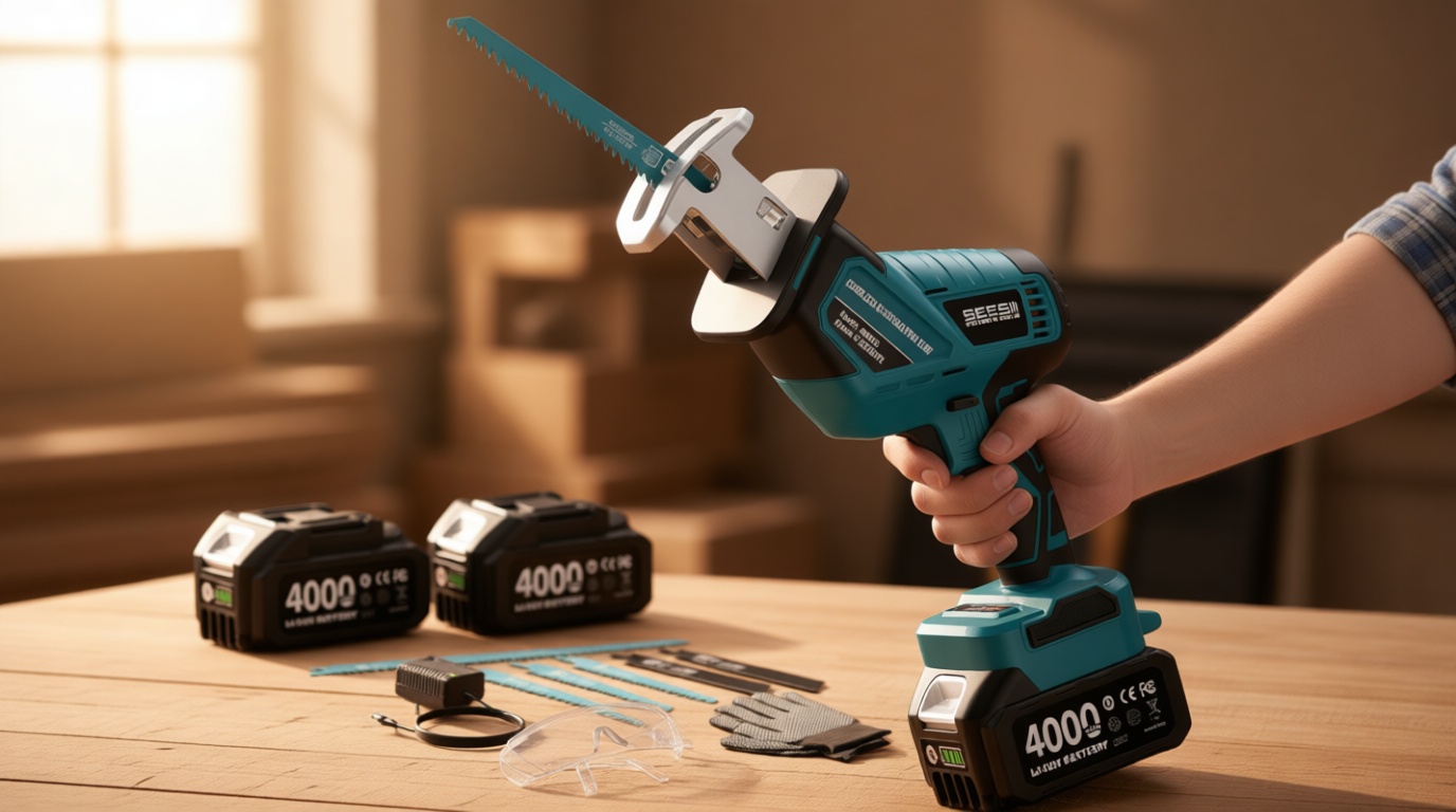 SEESII Reciprocating Saw Cordless, Variable Speed 3500 RPM Brushless Motor with 6 Saw Blades, 2 x 4.0Ah Batteries, LED Light, Tool‑Free Blade Change, Portable for Wood PVC Cutting