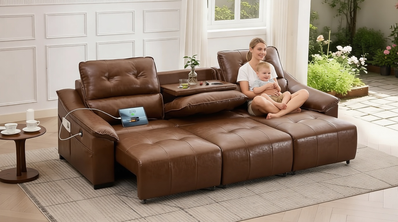 TYBOATLE Electric Reclining Sectional Couch, Power Recliner Sofa w/USB & Type-C Charging Ports and Cup Holders, Leather Reclining Sofa for Living Room, Home Theater (Brown)
