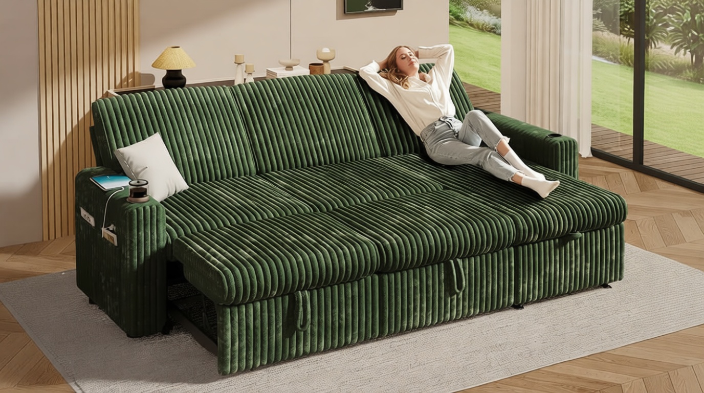 Sunny Heart 101" Plush Corduroy L Shaped Sectional Sleeper Sofa Bed with Pull Out Bed, Reclining Backrest, Reversible Storage Chaise, USB Ports, Cup Holders, Tool Free Assembly,Forest Green