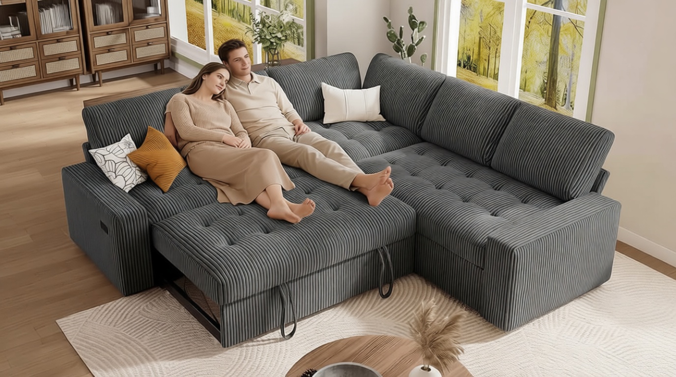 Vipbear Pull Out Sofa Bed Sectional Sleeper Sofa with Reclining Backrest & Storage, Plush Pullout Modular Sectional Couches with USB Charging, L Shaped Convertible Couch Bed for Apartment, Grey | Breathable material, Tool-Free Assembly