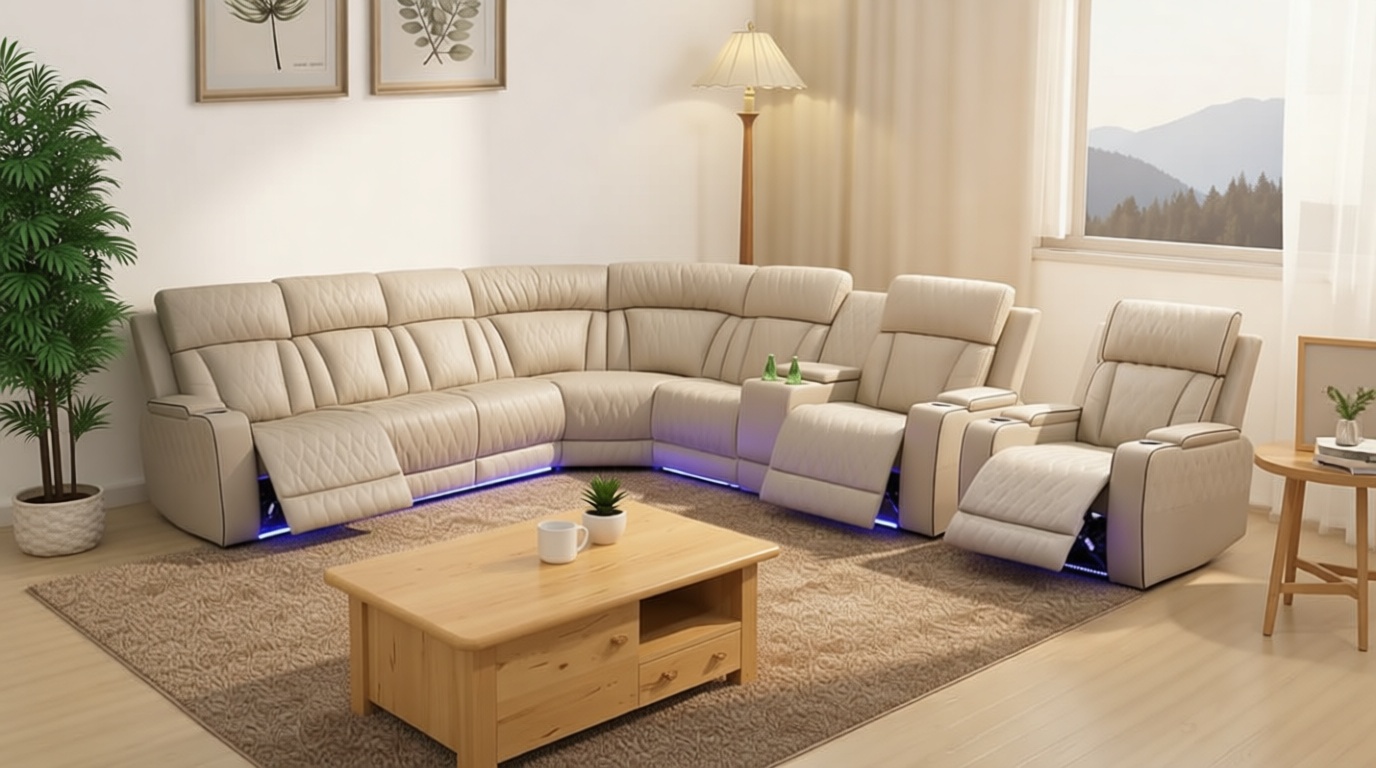 Power Recliner Sectional Sofa Set, Living Room Furniture Sets, Leather Reclining Corner Couches and Chair, 2 Recliner Chair with Cup Holder/Storage Console for House/Living Room(Beige)