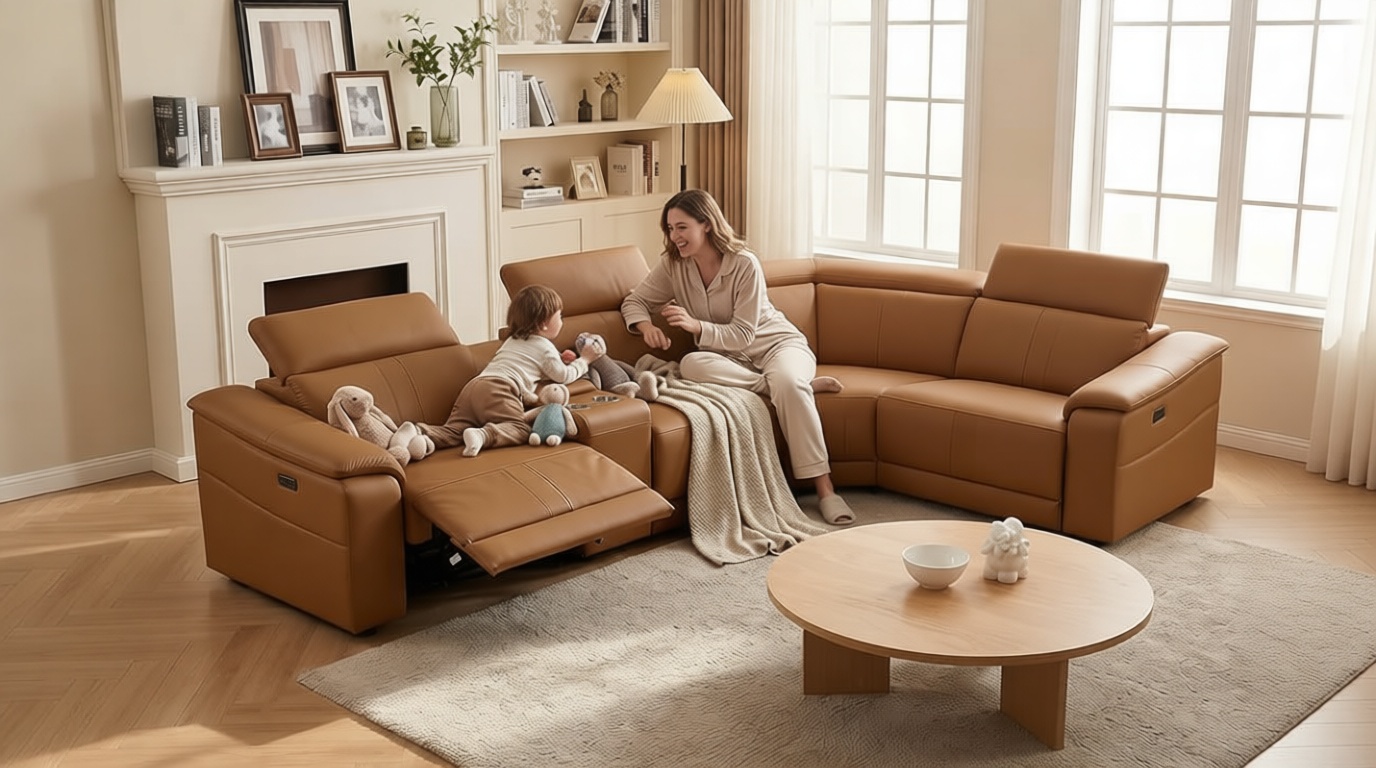 Power Recliner Sectional Sofa, L-Shaped Living Room Furniture Set, Leather Recliner Sofa,Reclining Sectional Couch with Storage Console/Cup Holder for Living Room/House/Apt (Light Brown, 4 Seater)