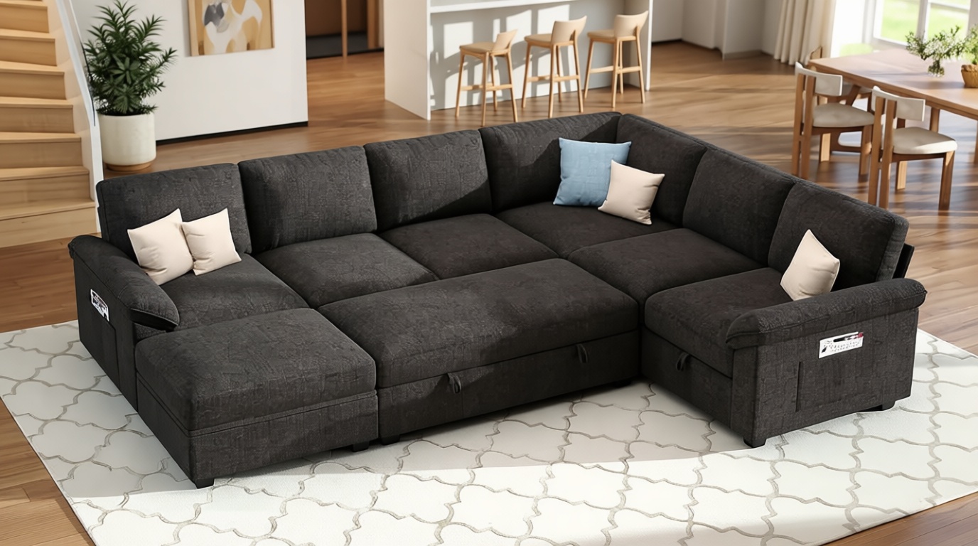 VanAcc 105" Sofa Bed, Sectional Sleeper Sofa with Pull Out Bed/Reclining Backrest, Sleeper Couch Bed with Storage, 6 Seater Couch Bed for Living Room, Chenille Dark Gray