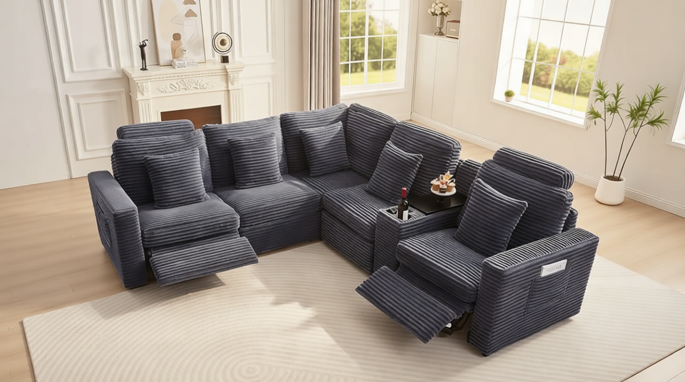 RARZOE Oversized Modular Sectional Sofa with 2 Power Recliner, 5-Seater L-Shaped Corduroy Reclining Couch with Storage Console Charging Cup Holders, Fluffy Reclining Couches for Living Room,Grey