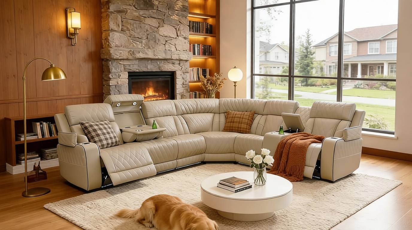 Breathing Leather Reclining Sofa Set,Power Recliner Sectional Couch with LED Light,Modern Living Room Furniture Set,Reclining Sectional Couch Set with USB Port/Storage for Home/Home Theater