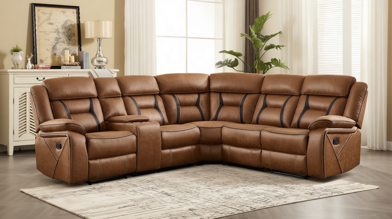 EBELLO Manual Reclining Sectional Sofa for Living Room, L-Shaped Sectional Corner Reclining Sectional Couches Home Furniture Set with Center Console, Hidden Cup Holders and Storage, Brown