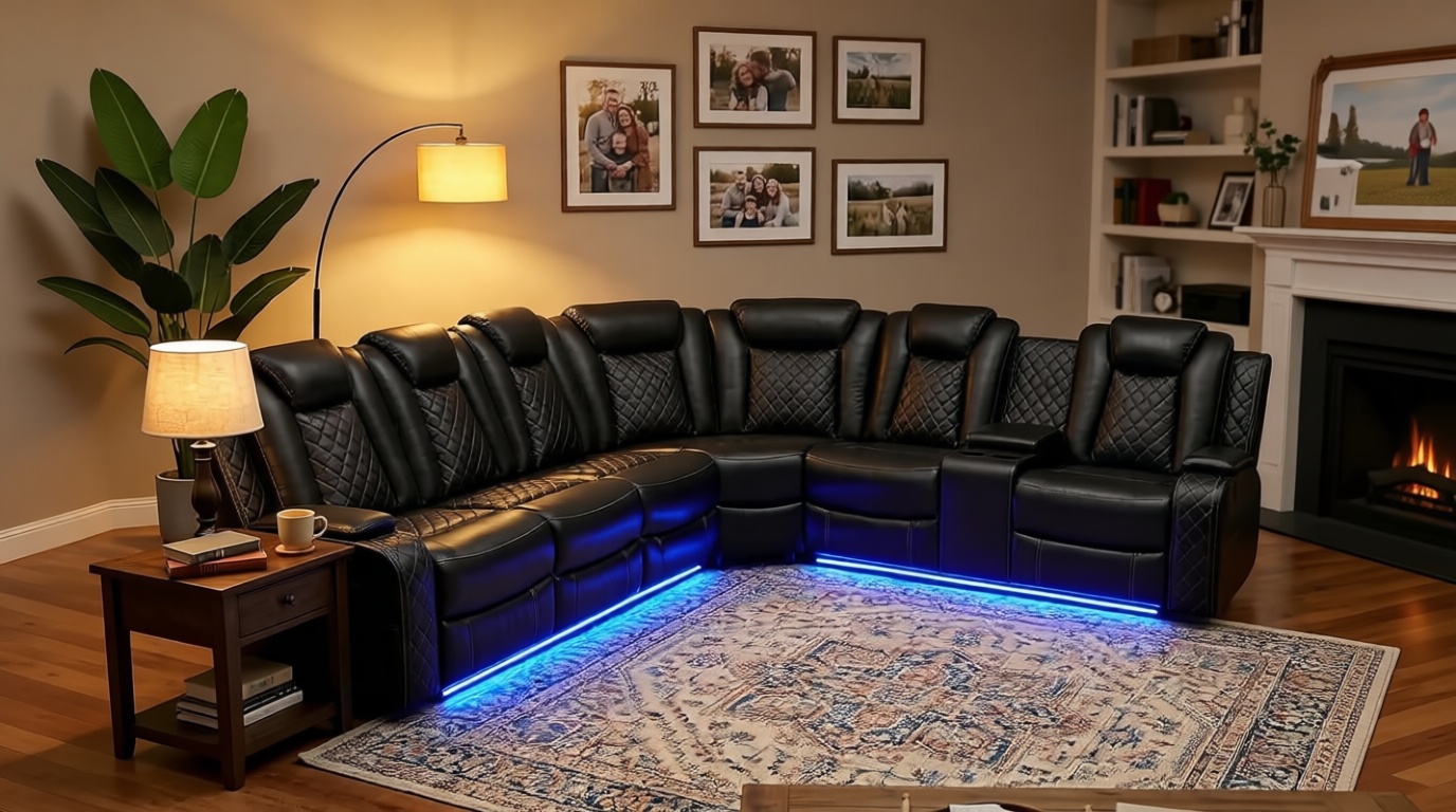 Power Reclining Sectional Sofa Set with LED Lights, 6-Seater Black Leather Home Theater Seating Couches for Living Room, Curved Recliner Couch with Cup Holders & Storage Console