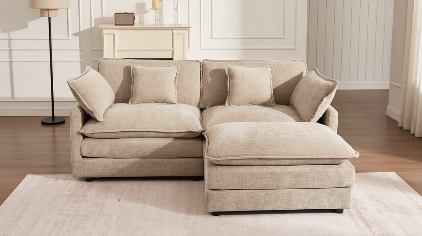 Modular Sectional Sofa with Ottoman, 76.7" Modern L Shaped Sectionals Cloud Couch, Comfy Couch Loveseat, 3 Seat Chenille Deep Seat Sofa with Pillow for Living Room,Bedroom Apartment,Small Spaces-Camel