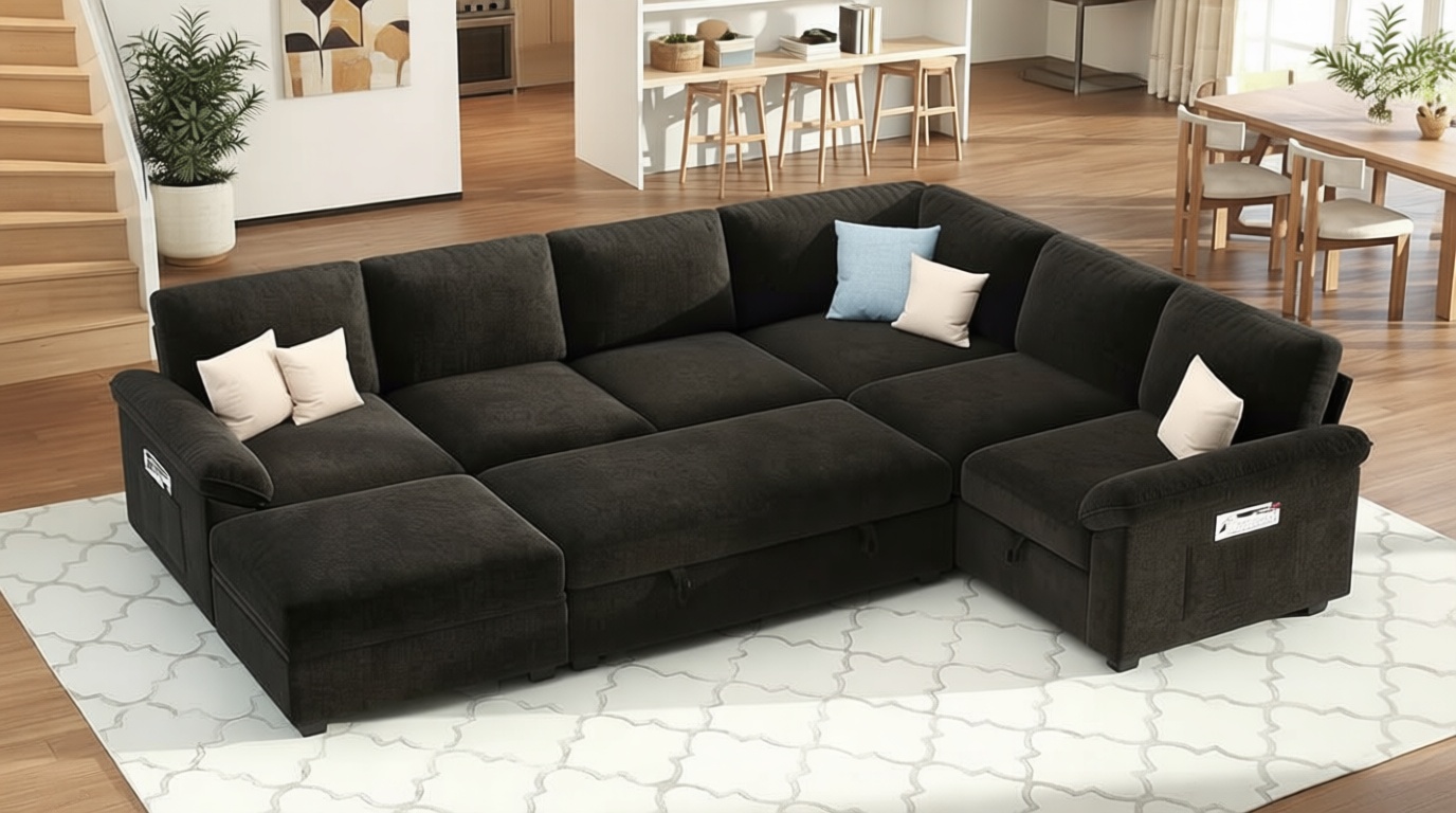 Jocisland 105" Sofa Bed, Sectional Sleeper Sofa with Pull Out Bed/Reclining Backrest, Sleeper Couch Bed with Storage, 6 Seater Couch Bed for Living Room, Chenille Black