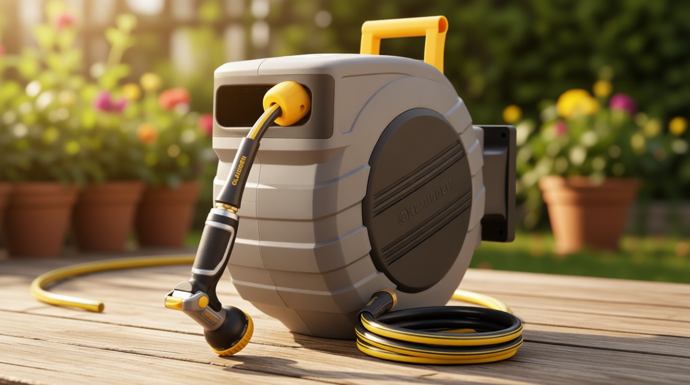 GLAHODEN Retractable Garden Hose Reel 5/8 in x 100 ft Upgraded UV Resistant Heavy Duty Automatic Hose Reel Wall Mount 3/4 in Brass Fitting 9 Pattern Nozzle Any Length Lock Slow Retraction 180° Swivel Global Recycled Standard