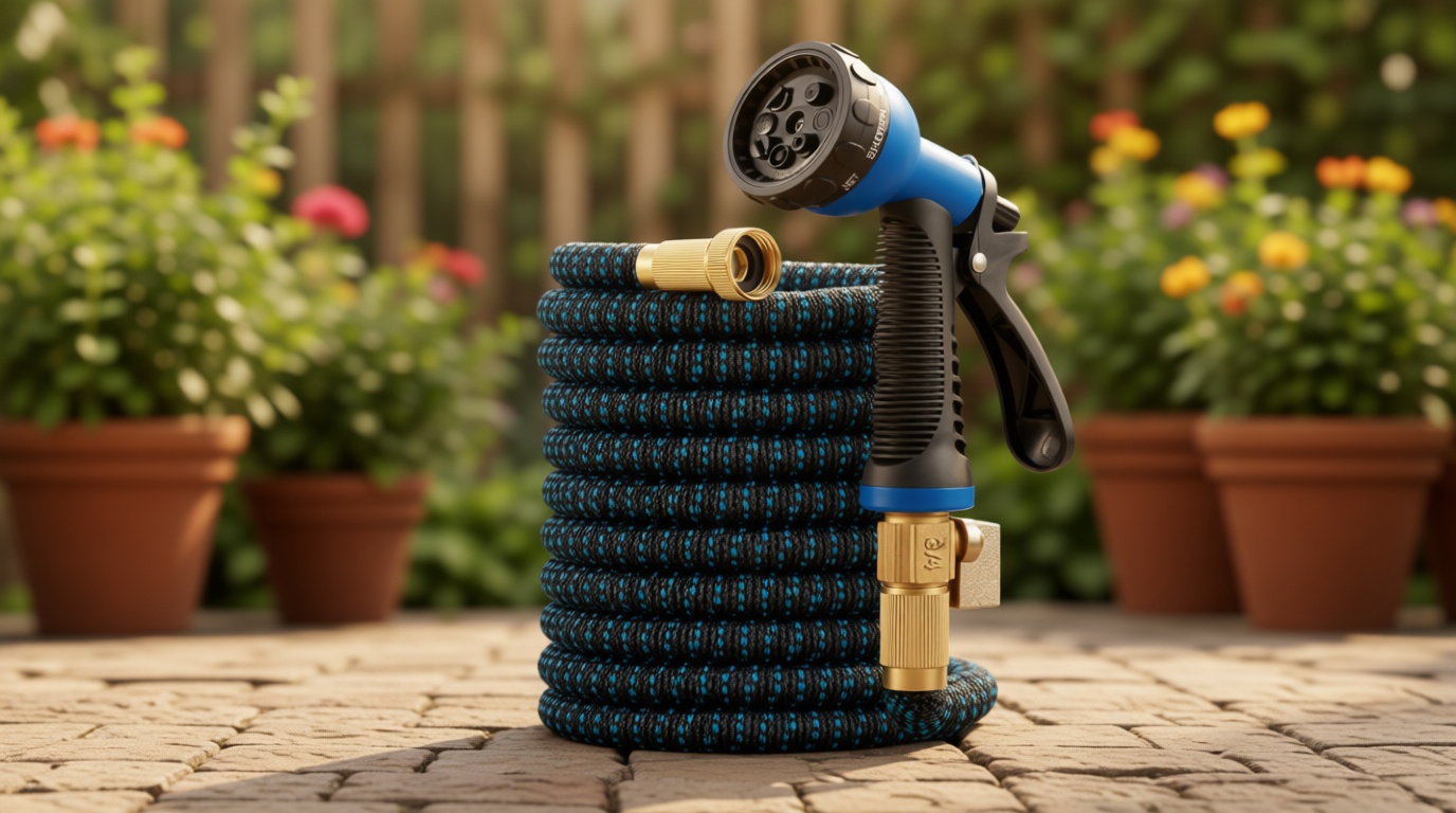 Flexi Hose Expandable Garden Hose with 8 Function Nozzle, 50FT - Lightweight Retractable Garden Hose, Water Hose - No-Kink Flexibility, 3/4 Inch Solid Brass Fittings and Double Latex Core