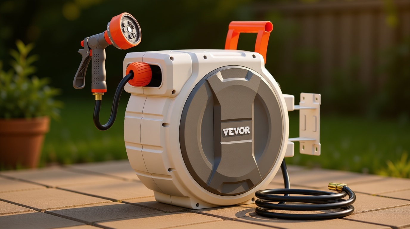 VEVOR Retractable Garden Hose Reel, 5/8 Inch x 100 ft Wall Mounted Hose Reel, Heavy Duty Garden Hose Reel with 9 Patterns Nozzle, Any Length Lock, Upgraded Slow Return System and 180°Swivel Bracket