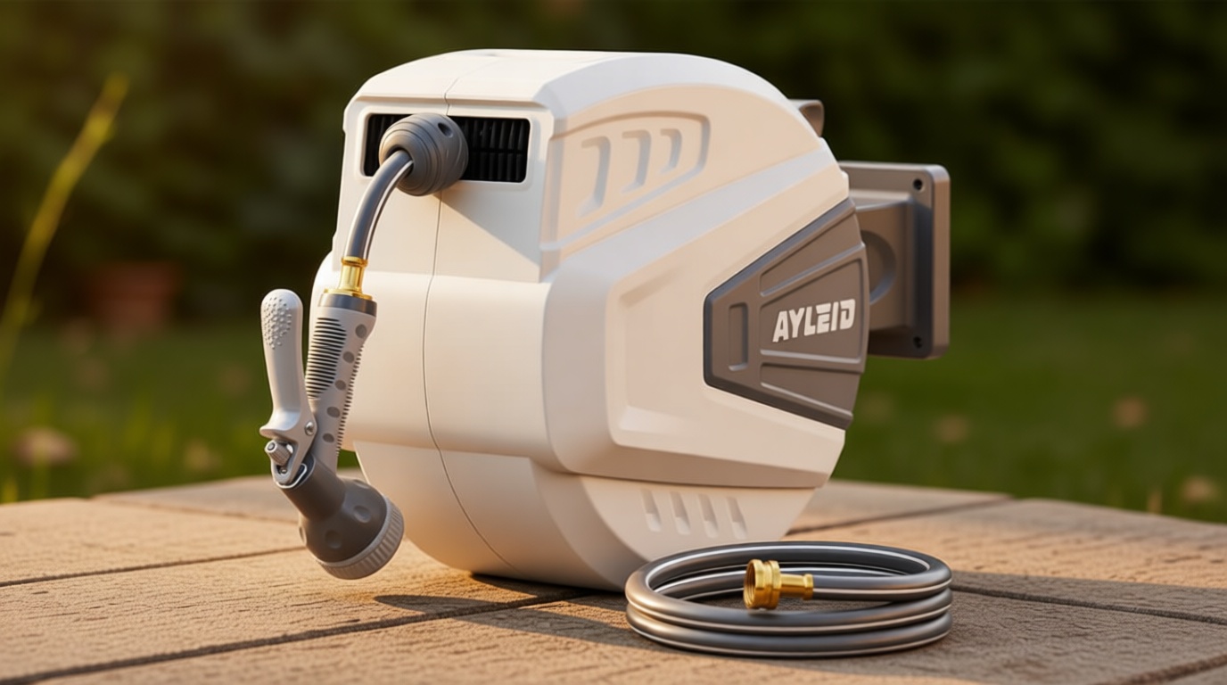 Ayleid Retractable Garden Hose Reel,1/2 in x 100 ft Wall Mounted Hose Reel, with 9-Function Sprayer Nozzle, Any Length Lock/Slow Return System/Wall Mounted/180°Swivel Bracket (Gray) Global Recycled Standard