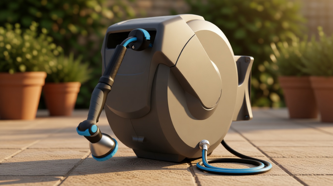 Relhost Retractable Garden Hose Reel, 1/2 in x 100 ft Wall Mount Heavy Duty Hose Reel with Any-Length Lock, Auto Rewind System, 180° Swivel Bracket, and 10-Pattern Nozzle for Garden, Dark Grey Recycled Claim Standard Blended