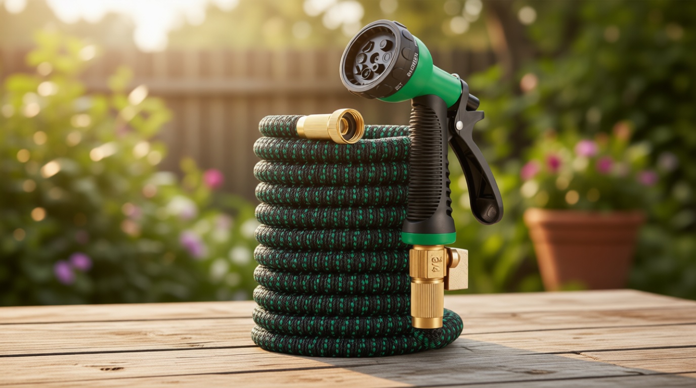 Flexi Hose with 8 Function Nozzle, 50FT - Lightweight Expandable Garden Hose, No-Kink Flexibility, 3/4 Inch Solid Brass Fittings and Double Latex Core - Black and Green