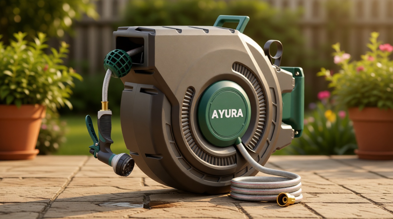 AYURA Retractable Garden Hose Reel 100 ft x 1/2 inch with Pro Metal Shaft, Heavy Duty Automatic Garden Hose Reels with Kink-Free Rewind and Lock at Any Length, Wall Mount Water Hose Reel for Outside