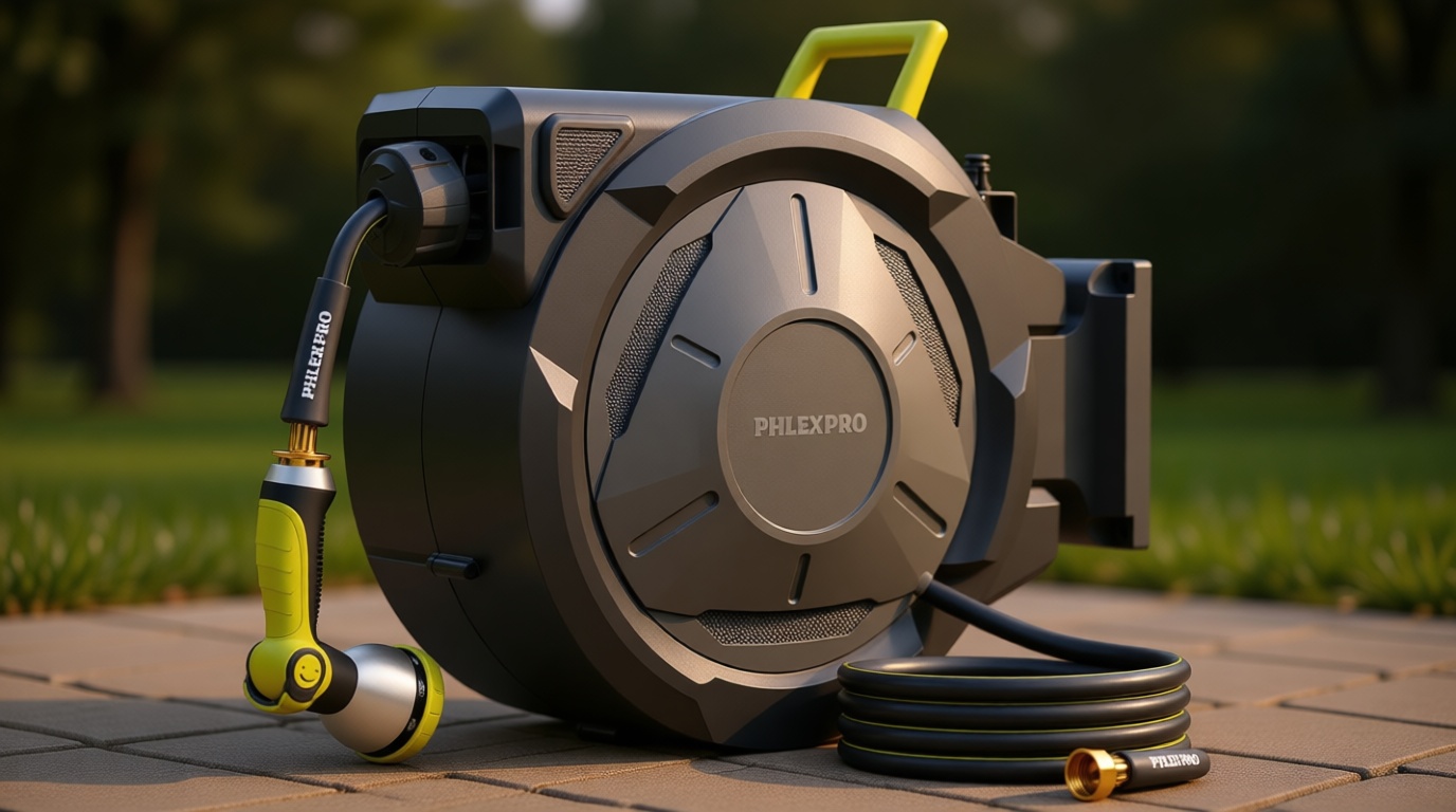 110 FT x 1/2" Retractable Garden Hose Reel, Heavy Duty Automatic Hose Reel Wall Mount - 3/4in Brass Fitting 10 Pattern Nozzle, Any Length Lock Slow Retraction 180° Swivel, Upgraded UV Resistant Recycled Claim Standard 100