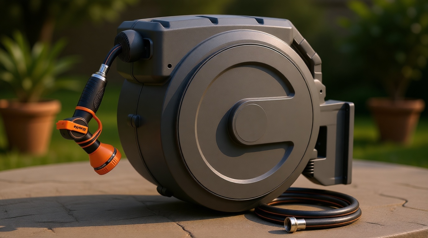 Giraffe Tools Retractable Garden Hose Reel 1/2 Inch x 130 ft, Super Heavy Duty, Any Length Lock, Slow Return System, Wall Mounted and 180 Deg Swivel Bracket