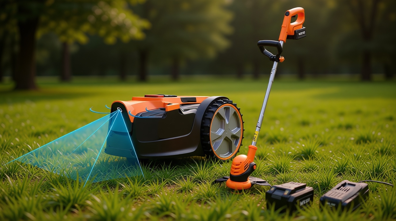 LawnMaster OcuMow™ Robot Lawn Mower with Cordless 24V MAX 10” Grass Trimmer Combo Kit Perimeter Wire Free for Small Yards 2000-4000 Square Feet Optical Navigation Automatic Obstacle Avoidance Spot Cut