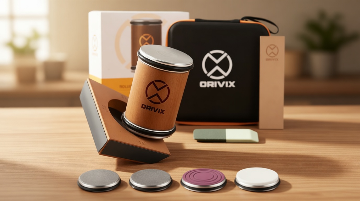 Rolling Knife Sharpener Kit – Magnetic 4-Angle Base, 3.86 Inches Longer Wooden Roller, 4 Grit Discs (1000/400 Diamond & 3000 Maroon / 6000 White Ceramic) and Leather Strop