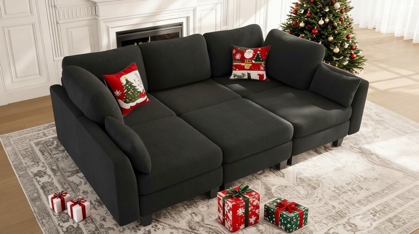 Sectional Sleeper Sofa, 6 Seaters Modular Sleeper Sofa Couch, Comfy Sectionals Couches Bed, Convertible Sofas with Ottomans, Modular Sectional Couches for Living Room, Dark Grey