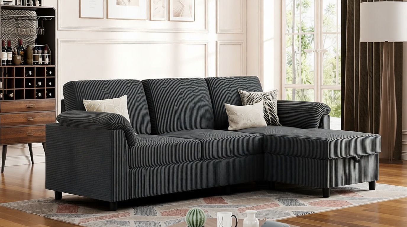 Vongrasig Convertible Sectional Sofa Couch, 3 Seat L Shaped Sofa with Removable Pillows Soft Corduroy Fabric Small Couch Mid Century for Living Room, Apartment and Office (Gray)