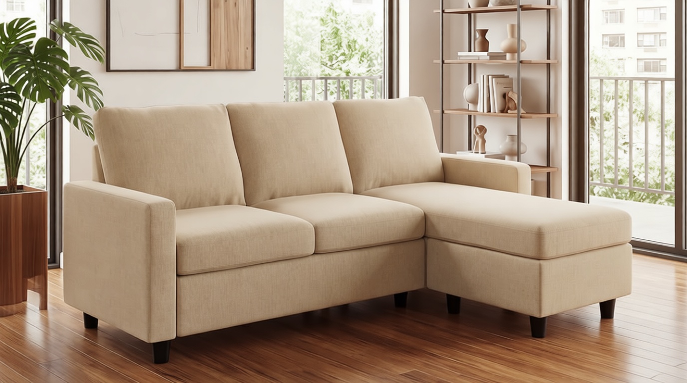 HONBAY L Shaped Couch with Linen Fabric,Convertible, Reversible Sectional Sofa for Small Space, Dark Beige