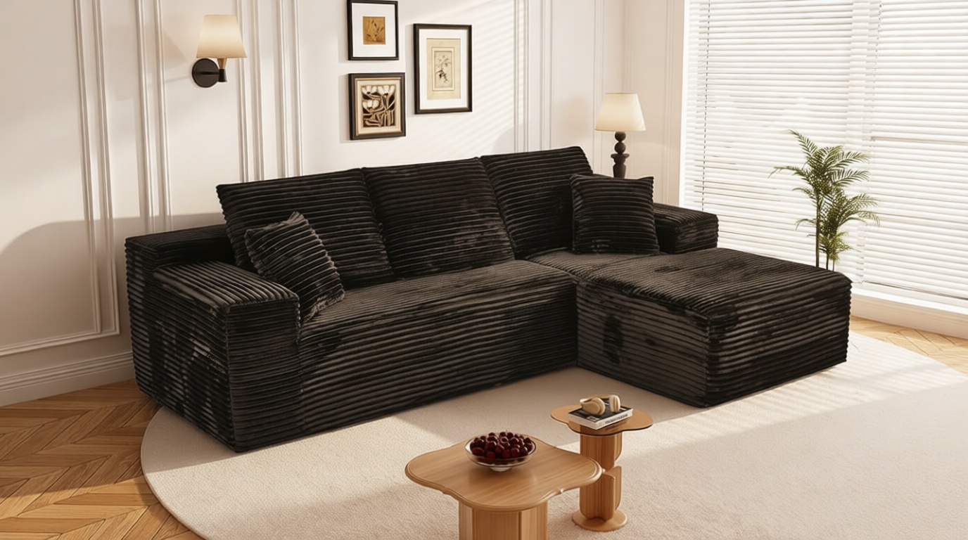 108" L Shaped Boneless Sectional Couches for Living Room, Comfy Corduroy Floor Cloud Sofa with Chaise, Wide Armrest, Deep Seat, Memory Foam, Assembly Free, Ideal for Small Spaces, Black