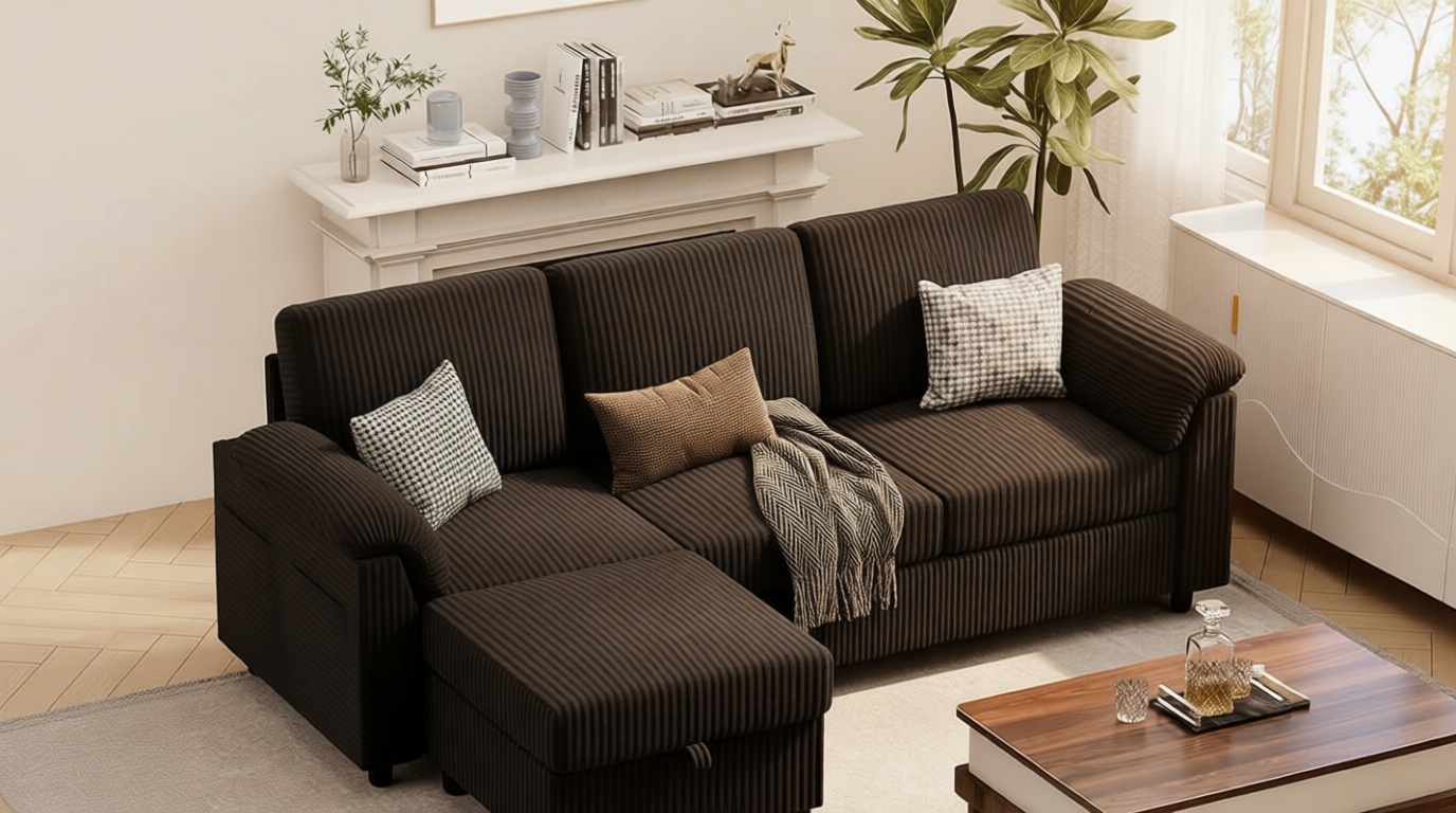 Vongrasig 79" Convertible Sectional Couch Sofa with Storage Ottoman, 3 Seat L Shaped Couch with Side Storage Pockage, Small Couches for Living Room, Apartment and Small Space, Black